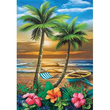 Imagem de Palmeiras tropicais náuticas com bandeira do pôr do sol no paraíso 71 cm x 101 cm