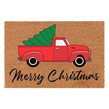 Imagem de Tapete de coco engraçado árvore de Natal Feliz Natal caminhonete antigo Bem-vindo frente varanda decoração capacho para entrada interior e exterior resistente PVC traseiro exterior coir novidade presente capacho 59,9 x 39,9 cm