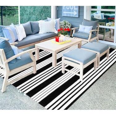 Imagem de Tapete de pátio externo listrado preto e branco 4' x 6', tapete de pátio de algodão tecido à mão tapete de varanda para área interna ao ar livre tapete para quarto/sala de estar/pátio/pátio