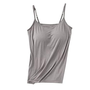 Imagem de Camiseta feminina com sutiã embutido básico de algodão sólido e alças finas ajustáveis com sutiã de prateleira, Cinza escuro, 3G