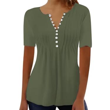 Imagem de Camiseta feminina de verão, gola V, botões, blusas, cor lisa, plissada, caimento solto, manga curta, túnica, Ag, XXG