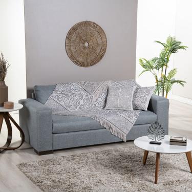 Imagem de Kit Xale para Sofá com Franja Grécia Tecido Jacquard Acompanha Almofadas Cheias 5 Peças