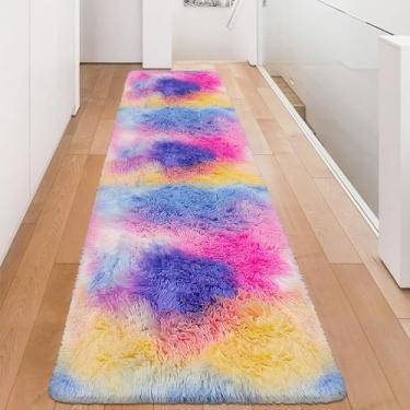 Imagem de TENNOLA Tapete de pelúcia tingido de arco-íris rosa 0,6 x 2,4 m, tapete felpudo de pelúcia, tapete de cabeceira macio e fofo, para quarto, sala de estar, corredor, berçário, crianças, unicórnio,