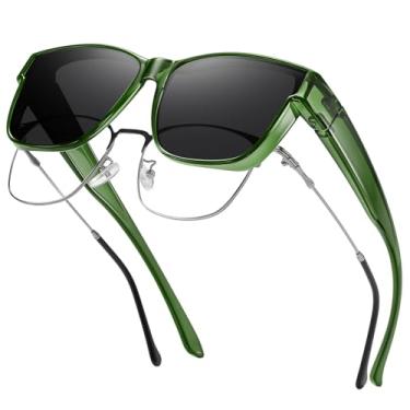 Imagem de Kelinln Óculos de sol over glass para homens e mulheres, óculos de sol polarizados quadrados leves para usar sobre os óculos, proteção UV, Lente cinza com armação verde transparente tamanho G, Regular