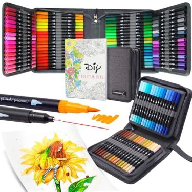 Imagem de LANRENWENG Conjunto de canetas artísticas com ponta dupla, 100 cores, ponta de pincel fino, conjunto de canetas coloridas com bolsa de lona, livros de colorir para adultos, desenhar, esboçar,