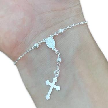 Imagem de Pulseira Mini Terço Prata 925 Legítima Feminina Bolinha Cruz - Hakuna 