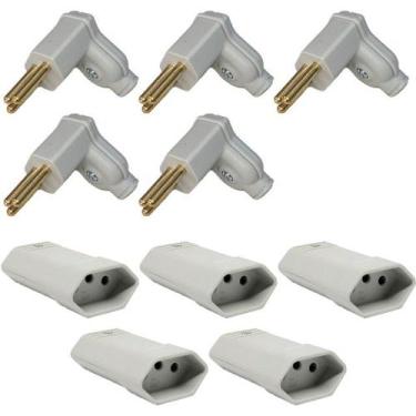 Imagem de 5 Plug Macho 90 Graus + 5 Tomada Fêmea 3 Pinos 10a 2p+t Branco Margiri