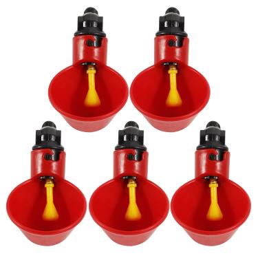 Imagem de 5 peças copo de rega de frango,Copos de água de frango, alimentador de água de frango, bebedores automáticos de pássaros de frango (4 minutes semicircle deck + small red bowl)