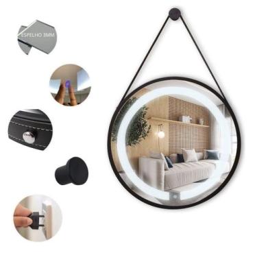 Imagem de Espelho Redondo Adnet Iluminado 50cm Led 3000k Preto Alça Preta - ORNA