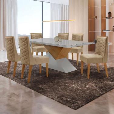 Imagem de Mesa para Sala de Jantar Aster 180cm MDF Canto Copo com Vidro e 6 Cade
