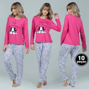 Imagem de Kit 10 Pijamas WLS Modas Feminino Longo Inverno Estampado Malha, GG, M