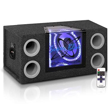 Imagem de 1000W Dual Bandpass Speaker System - Subwoofer de áudio para carro com iluminação neon acentuada, janela frontal de plexividro com 4 portas ajustadas, suspensão de cone de polipropileno prata e borda de borracha - Pirâmide BNPS102