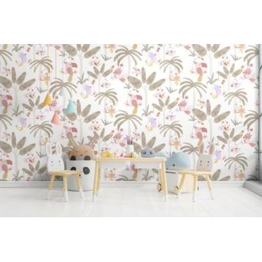 Imagem de Papel de Parede Azul ou Rosa Tucano e Árvore - Rolo com 9,50 Metros  D