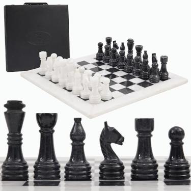Imagem de Radicaln Conjunto de xadrez de mármore com caixa de armazenamento de 38 cm, branco e preto, feito à mão, 1 tabuleiro de xadrez com 32 peças - jogo de xadrez para 2 jogadores e jogos de tabuleiro para