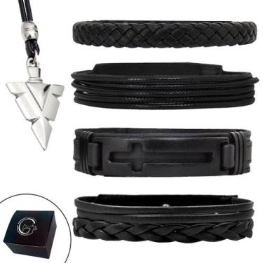 Imagem de Kit C/04 Pulseiras Masculina Cruz All Black + Colar Ajustável Ponta de