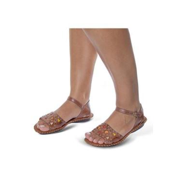 Imagem de Sandália Rasteira em Couro Conhaque - Flor d'couro, 38