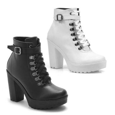 Imagem de Coturno Feminino Tratorado Salto Alto Cano Médio Kit 2 - Navit Shoes, 