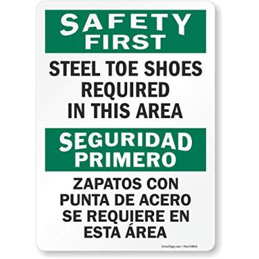 Imagem de SmartSign Etiqueta bilíngue "Safety First, Steel Toe Shoes Required in Area" | Vinil laminado de 25,4 cm x 35,6 cm