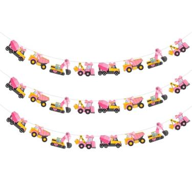 Imagem de Sursurprise Decorações de festa de construção para meninas, 3 peças de banners de construção rosa, caminhão basculante, escavadeira, banner para construção, aniversário, chá de bebê, suprimentos de