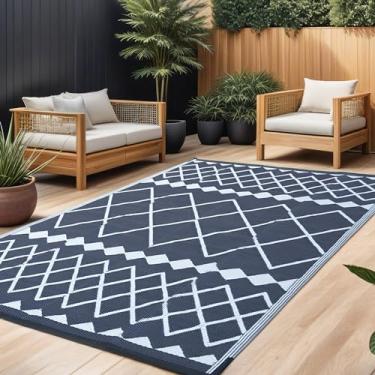 Imagem de Tapetes para uso ao ar livre, 22 x 30 cm para pátios, tapete impermeável grande para deck, quintal, varanda, tapetes de palha de plástico para acampamento, reversível, geométrico