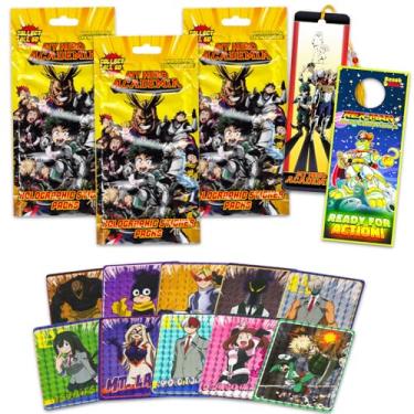 Imagem de My Hero Academia Pacote com 3 adesivos holográficos – Pacote com 3 sacos My Hero Academia Blind Plus More | Cartões colecionáveis de personagens My Hero Academia premium para crianças