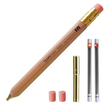 Imagem de Conjunto de lapiseira de madeira WN03, 2,0 mm extra negrito, barril grosso, lápis natural de cedro de incenso com refis de chumbo (HB, B), refis de borracha e apontador de latão para escrever,