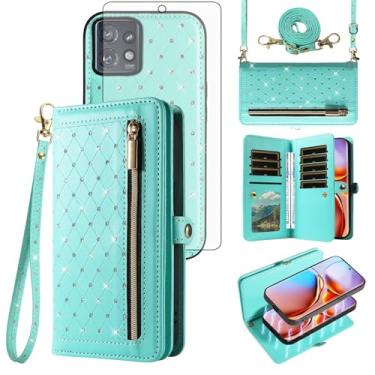 Imagem de Capa de celular para Motorola Edge+ Plus 2023/Edge 40 Pro 5G/Moto X40 Carteira com zíper destacável com protetor de tela, alça transversal com cordão com glitter, suporte para cartão de crédito X