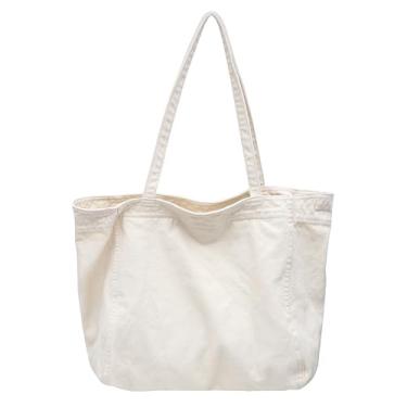 Imagem de Bolsa econômica de lona de algodão, bolsa de ombro feminina Hobo, bolsa transversal com 3 bolsos externos, fecho de zíper, Sacola 1--branca, 14.1" x 7.8" x 13.3", Casual