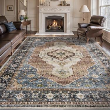 Imagem de Engiw Tapete lavável 12 x 18 cm para sala de estar, quarto, sala de jantar, escritório, tapete vintage, macio, aconchegante, antiderrapante, azul marinho, ferrugem