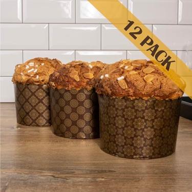 Imagem de Moldes de papel para pão de Páscoa de 340 g para assar pacote com 12 - molde de papel panetone design marrom - molde kulich paska moldes de panetone para pão de páscoa kulich