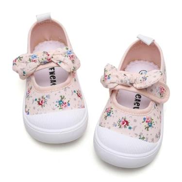 Imagem de GENGASUN Tênis infantil feminino de lona, laço Mary Jane, sapatos rasos para uniforme escolar, sapatos sociais, Rosa claro, 5 Toddler