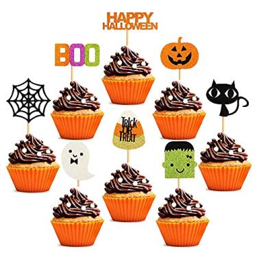 Imagem de 32 peças Halloween Ghost Boo Glitter Cupcake Toppers Ghost Boo pacote com 32 cupcakes topper muffin para Halloween, decoração de aniversário suprimentos de festa (Frankenstein)