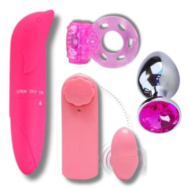 Imagem de Kit Erótico Vibrador Golfinho + Plug Anal P + Vibrador Bullet + Anel Peniano - Sex Shop (Kit Rosa)