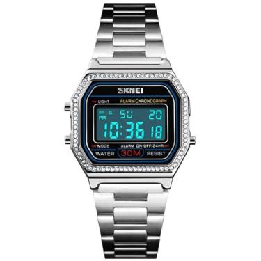 Imagem de MASTOP Relógios de pulso femininos de luxo, eletrônicos, de aço integral, LED, digital, fashion, ultrafinos, quadrados, relógios de pulso femininos.., A prata, Digital