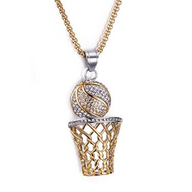 Imagem de SINLEO Colar masculino Hiphop Iced Out Diamante Mini com pingente de aro de basquete Corrente de aço inoxidável