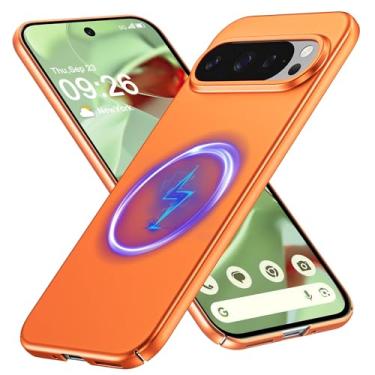 Imagem de GRECAZO Capa de telefone magnética ultrafina fosca projetada para Google Pixel 9 Pro/Pixel 9 fina, minimalista, leve, fosca, rígida, compatível com MagSafe, capa protetora-laranja