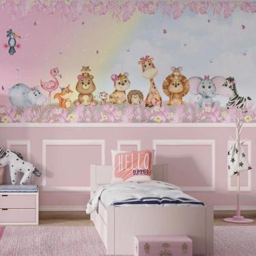 Imagem de Papel de Parede Infantil Safari Rosa Encantado  Animais e Arco-Íris - 