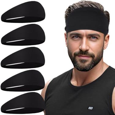 Imagem de Pacote com 5 bandanas esportivas masculinas com faixa de suor para corrida, ciclismo, basquete, ioga, exercícios físicos unissex elásticos (preto)