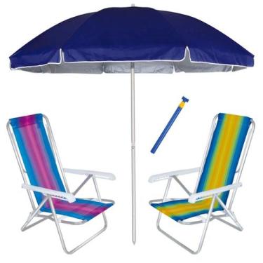 Imagem de Kit Praia 2 Cadeiras Reclinável 8 Pos Alum + Guarda Sol 2,6m + Saca Ar