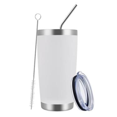 Imagem de MEWAY Caneca de viagem isolada a vácuo de parede dupla de 590 ml, copos de aço inoxidável com tampa e canudo, copos de café duráveis revestidos em pó para bebidas frias e quentes (branco, 1)