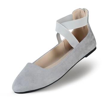 Imagem de EMMA NEW YORK Sapatilhas femininas confortáveis com alça, sapatilha bailarina com tiras elásticas no tornozelo para mulheres, sapatos renascentistas, sapatos de bailarina rasos, Cinza Su-claro, 38