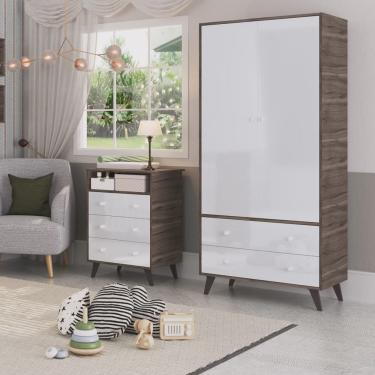 Imagem de Quarto De Bebê Completo Guarda Roupa 2 Portas 2 Gavetas Com Cômoda 3 Gavetas 1 Nicho Nuvem