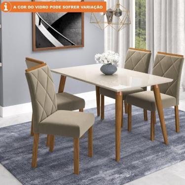 Imagem de Conj Sala De Jantar 130x80 Tampo Em Mdf-vidro 4 Cadeiras Madeira Off White Joli