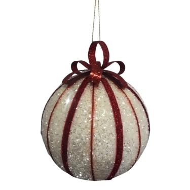 Imagem de Bola Natalina Glitter Branco Decorada c/Fitas Vermelhas 15cm