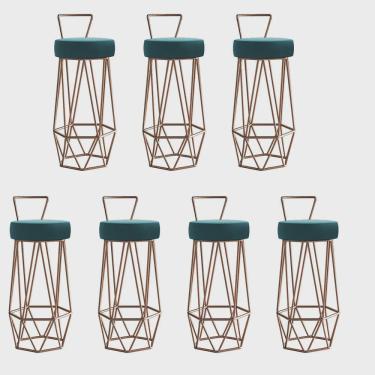 Imagem de Kit 07 Banqueta Com Encosto Botti Hexágono Cozinha Bar Ferro Bronze Suede Azul Turquesa - Ahz Móveis