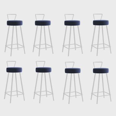 Imagem de Kit 08 Banqueta Alta Com Encosto Tais Eiffel Cozinha Bar Bistrô Ferro Branco Sintético Azul Marinho - Ahazzo Móveis