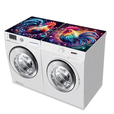 Imagem de 2 peças de capas de lavadora e secadora para a parte superior 60 x 60 cm tapete protetor superior antiderrapante capa de máquina de lavar roupa cabe na maioria das lavadoras e secadoras (galo)