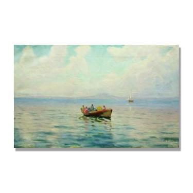 Imagem de Impressões em tela famosas. "Vista do mar com um barco" de Lev Lagorio, reproduções de arte clássicas, decoração de parede moderna para sala de estar escritório. 40 x 65 cm-15,7 x 25,6 pol. sem