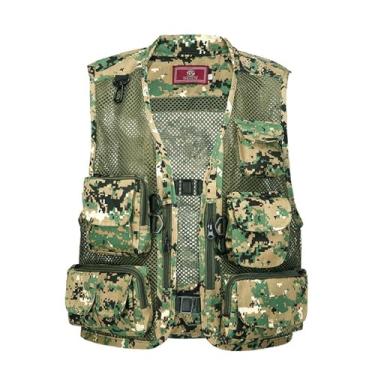 Imagem de Colete De Pesca Sem Mangas Respirável Com Costas De Malha Destacável Camuflada Masculina Com Vários Bolsos, Jaqueta Trabalho À Prova Vento Para Caça Ao Ar Livre No Verão, Para Trabalho(Green,X-Large)