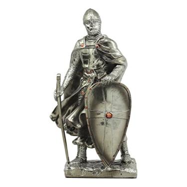 Imagem de Ebros Sacro Império Romano Cavaleiro Cruzado com Espada e Escudo Estátua de 17,78 cm de altura Terno de Armadura Espadachim Guerreiro Medieval Era dos Reis Escultura Decorativa